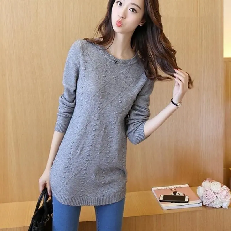 Autumn New Loose Women Sweater Long O-Neck Solid Color Bottoming Plus Size Knitted Femme Warm Was Thin Winter MZ2992 | Женская одежда