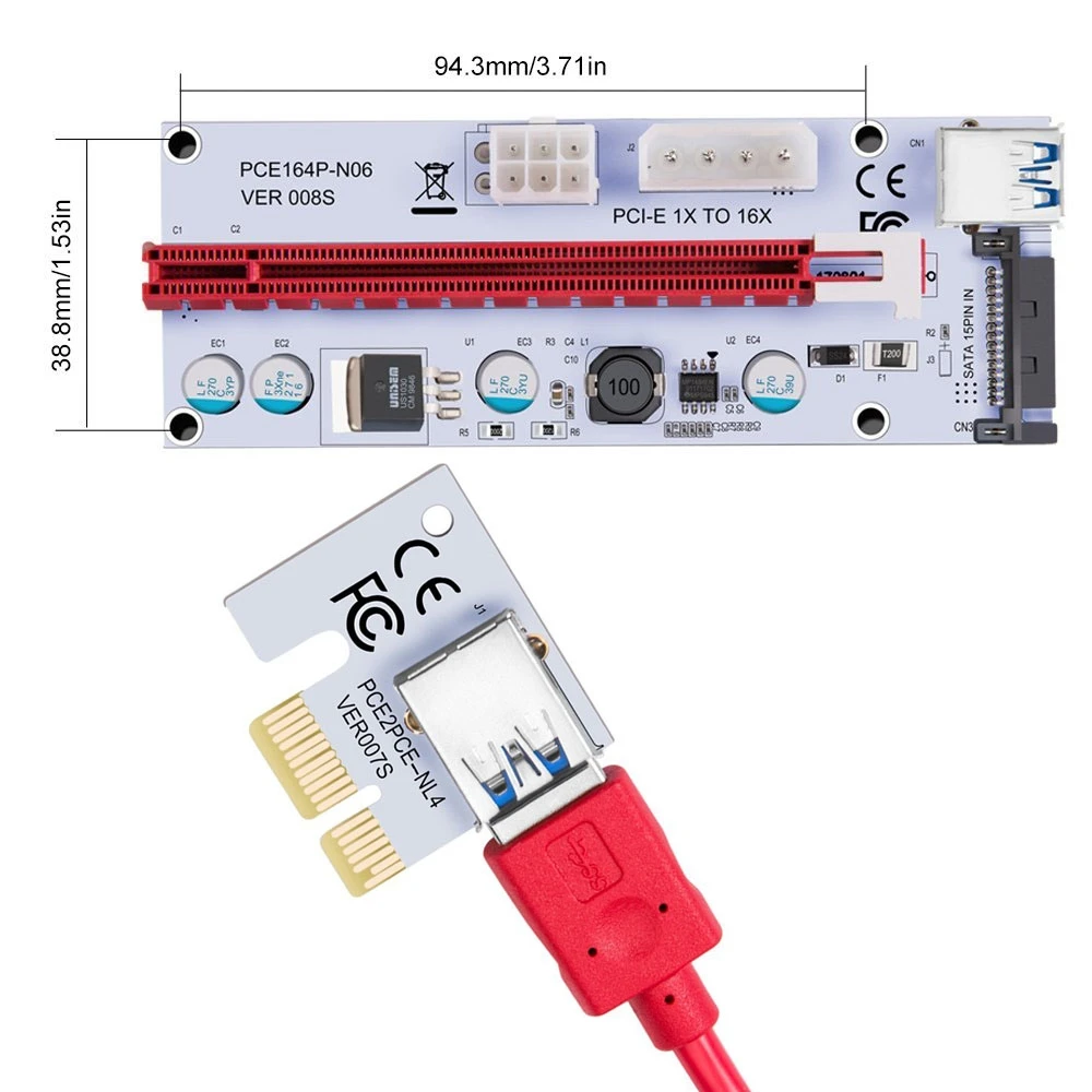 PCE164P-N06 VER008S USB 3.0 PCI-E Express 1x to 16x Extender Riser Card Adapter 15 Pin SATA Power with 60cm Cable |