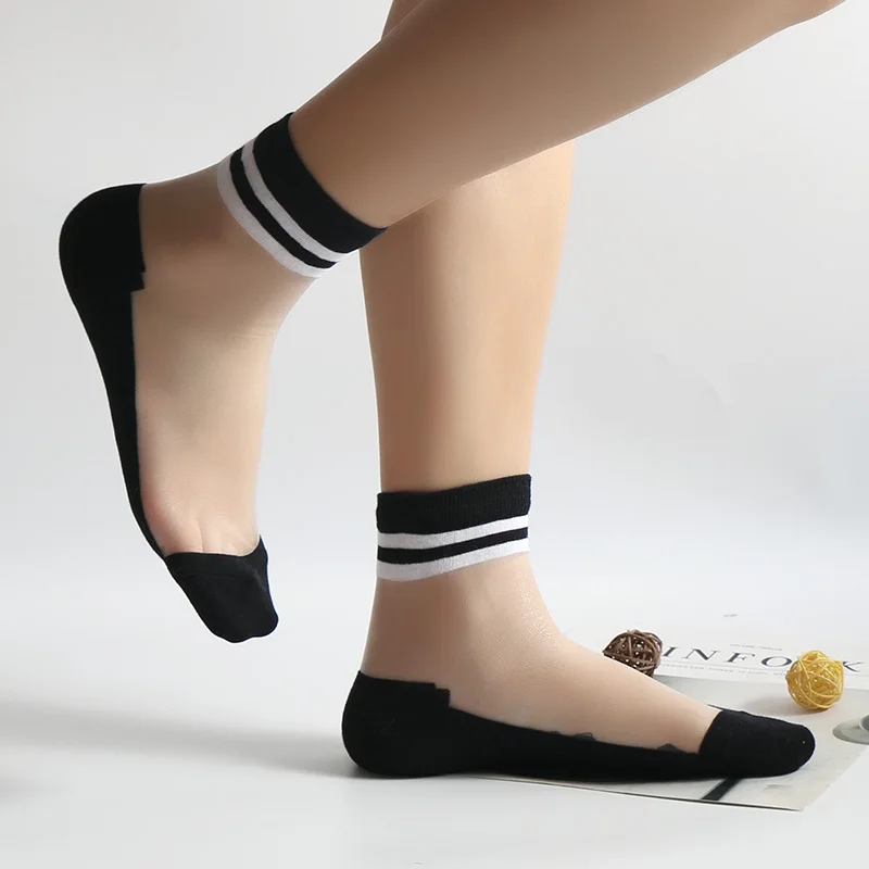 

5 Pairs/Lot Women White/Black Striped Cotton Glass Silk Ultra-Thin Short Socks Mujer Simple Transparent Invisible Meias Sexy Bas