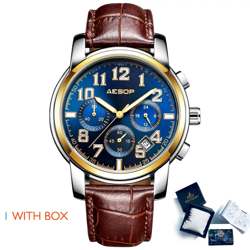 Gold blue L Box AESOP мужские спортивные часы, мужские Роскошные наручные часы из нержавеющей стали, мужские наручные часы, мужские наручные часы, водонепроницаемые Relogio Masculino - Цвет: Gold blue L Box