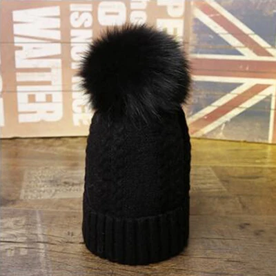 Children Black Модные новые помпоны из лисьего меха и норки, 15 см, Skullies Beanies, шапки для женщин и детей, зимние однотонные шерстяные теплые шапки Skullies Beanies - Цвет: Children Black