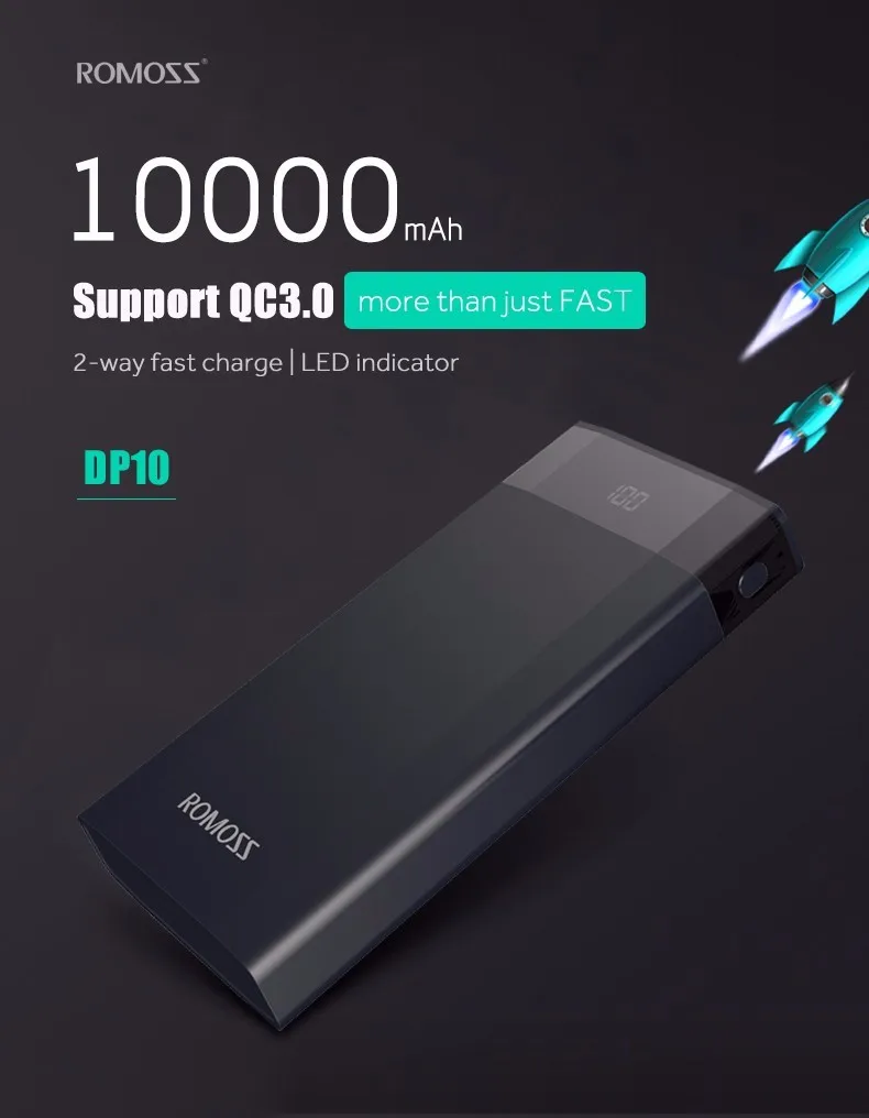 ROMOSS 10000 мАч DP10 внешний аккумулятор быстрая зарядка 3,0 резервный внешний аккумулятор светодиодный дисплей 2 USB QC3.0