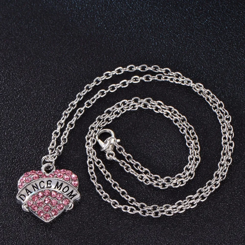 

Bespmosp 24PC/Lot Wholesale Love Heart DANCE MOM Crystal Chain Charm Pendant Necklace For Mother Gift Family Women Jewelry Mommy