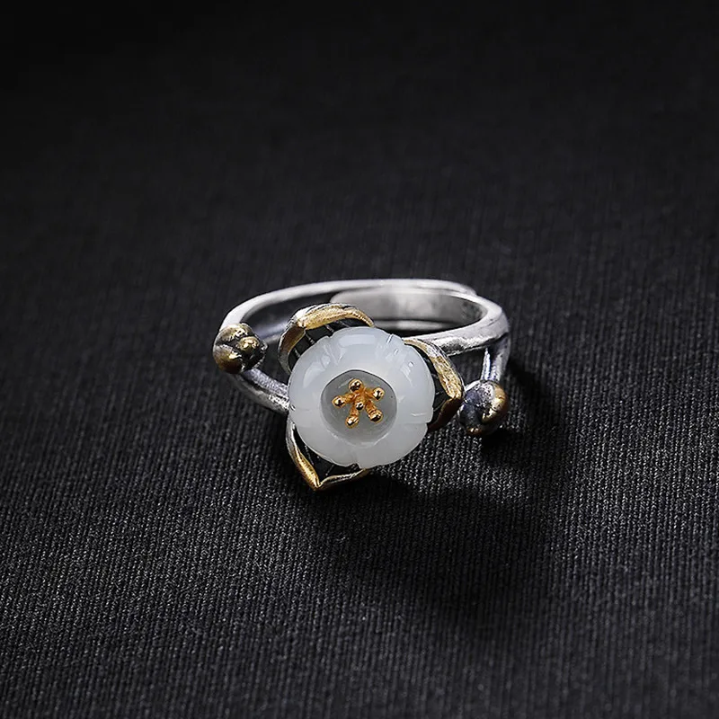 Женское кольцо из серебра 100% пробы с нефритом И цветком сливы | Украшения и