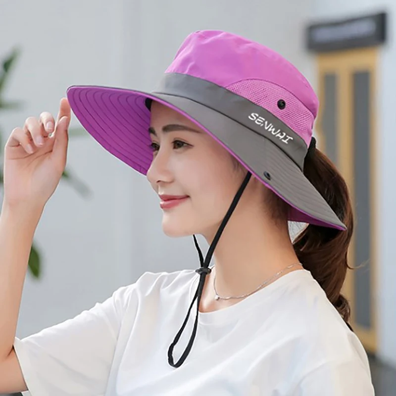 Outdoor Hiking Wide Brim Bucket Hat Women Quick Drying Breathable Packable Sunshade UV-proof Ponytail Cap With Chain Strap
