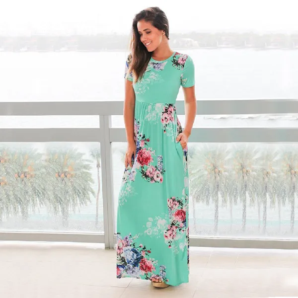 Небесно-голубой Boho короткий рукав вечерние пляжные сарафаны длинные платья плюс размер летнее женское платье с принтом - Цвет: Небесно-голубой