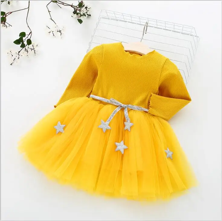 yellow BibiCola/весенне-осеннее платье для девочек детская модная одежда для свадебной вечеринки для девочек Хлопковое бальное кружевное платье костюм принцессы - Цвет: yellow