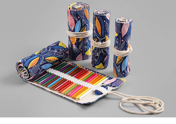 Creative Stationery Pencil Case 36/48/72 Holes Pen Curtain Colorful Fish Cartoon Canvas Wrap Roll Up Brush Bag Gift | Канцтовары для