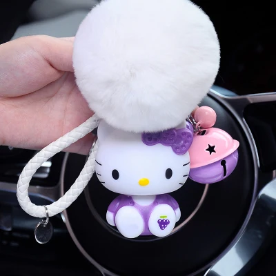 3 Cute Cartoon Hello Kitty Rabbit Fur Ball PomPom Pom Poms Keychain Women Leather Strap Metal Key Ring Chains Car Bag Charm D35B - Цвет: 3