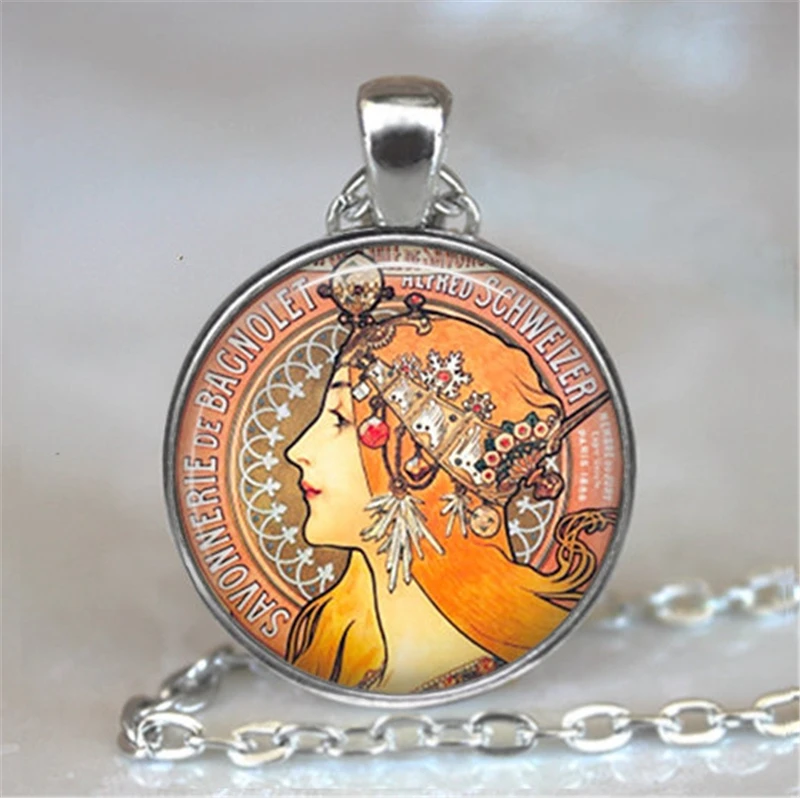 Женский винтажный кулон Alphonse Mucha стеклянный кабошон ручной работы массивное