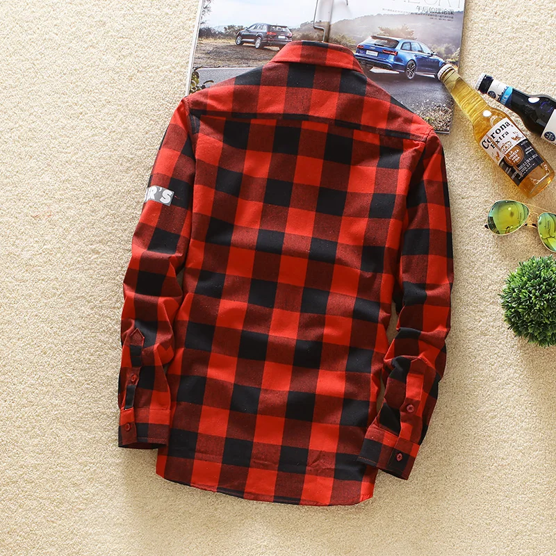 Мужская приталенная рубашка в клетку Повседневная с длинными рукавами и принтом большие размеры осень