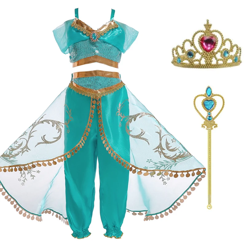 Jasmine dress set 03 Арабское платье принцессы жасмин для девочек; маскарадный костюм Жасмин; Детские комплекты без рукавов с блестками на Хэллоуин; Фантазийная Одежда для девочек - Цвет: Jasmine dress set 03