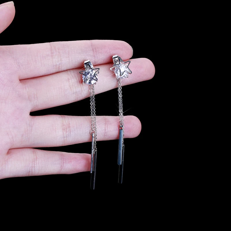 Pendientes Flecos 2018 Korean Elegant Women Long Earring White Zirconia Star Tassel Earrings For Girls Charm Pendant Snake Chain | Украшения
