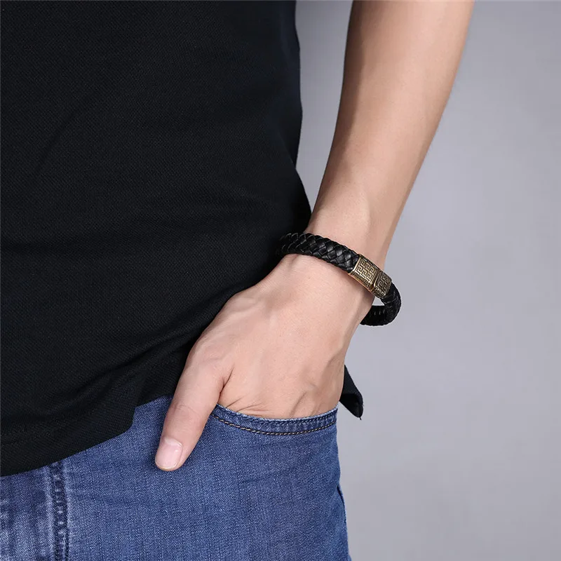 2017 г. панк черный плетеный кожаный браслет Магнитная застежка Простой Стиль
