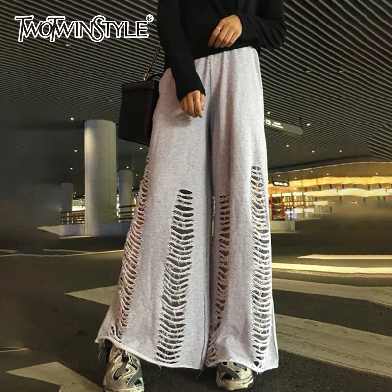 TWOTWINSTYLE рваные широкие брюки женский эластичный пояс негабаритных макси Женская