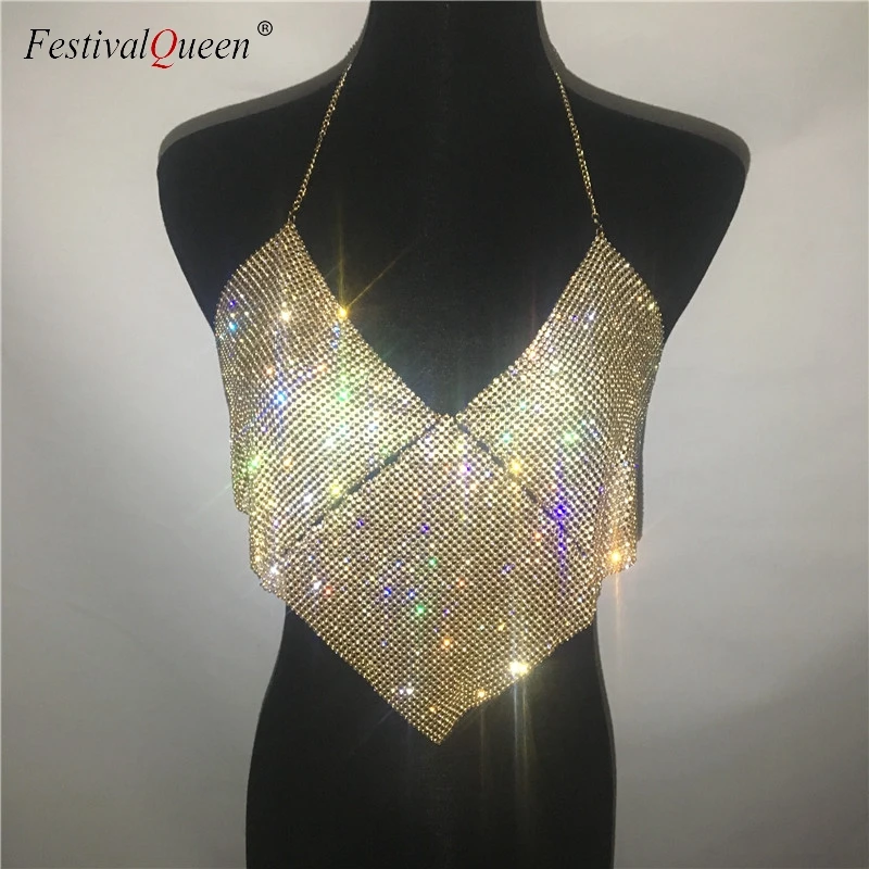 FestivalQueen для женщин, блестящий топ на бретелях, стразы, топ, майка для девочек, открытая спина, металлические блестки, летние сексуальные топы на бретелях с бриллиантами