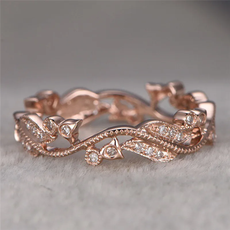 ROMAD Lucky Flower Vine Leaf Rings inlaid AAA Zircon Euramerican Plated Rose Gold Color Women Rings Unique Wedding band R4