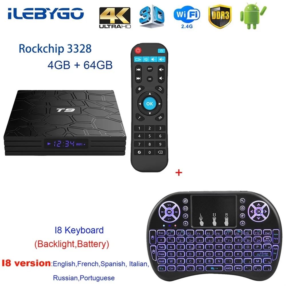 4GB 64GB I8 Ilebygo T9 Android ТВ коробка 4 ГБ, 32 ГБ, 64 ГБ OS 8,1 Smart ТВ-бокс на Rockchip RK3328 1080 P H.265 4 K GooglePlay медиаплеер PK H96 - Цвет: 4GB 64GB I8