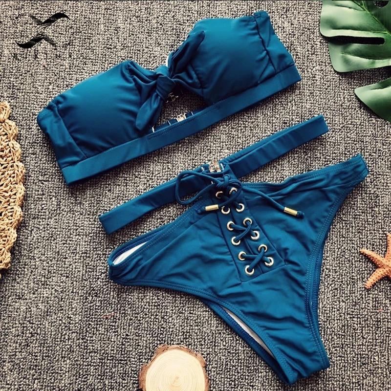 Bikinx Красный бандо купальник с узлом для женщин шнуровка высокая Талия бикини 2018