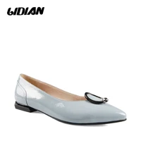 lidian blue patent leather flat women shoes pointed toe o ring buckle genuine leather low heel shoes women handmadeb52