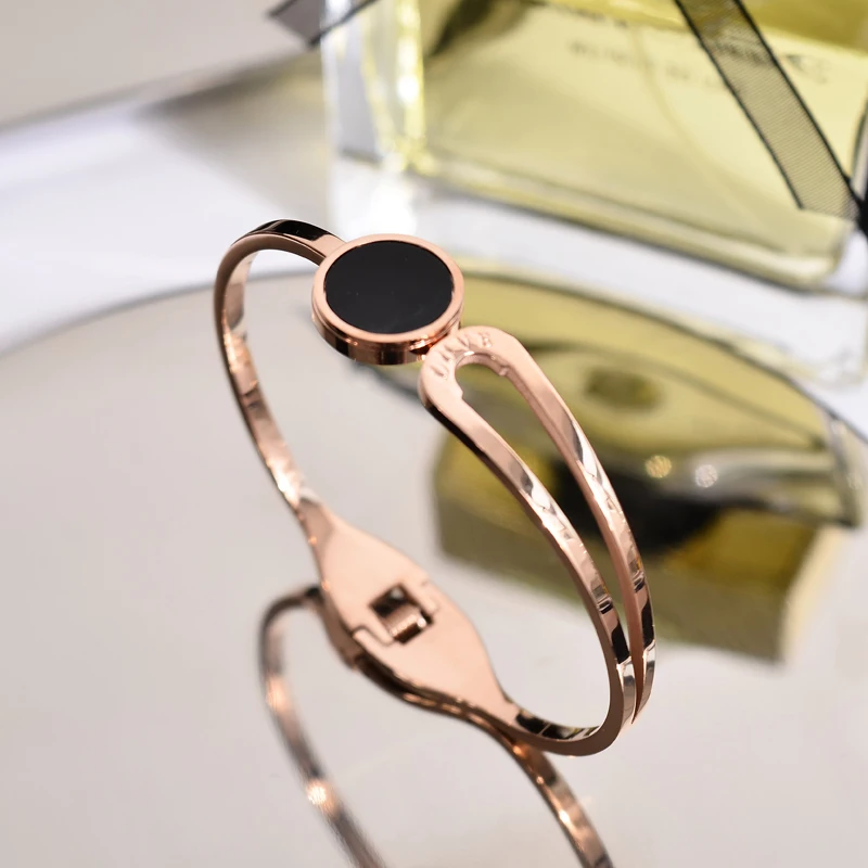 

YUN RUO 2018 New Arrival Black Round Bangle Lover Cuff Rose Gold Color 316L Titanium Steel Jewelry Woman Never Fade Korean style