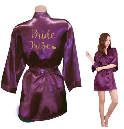purple Bride Tribe Для женщин кимоно халаты из искусственного шелка невесты сердце племени золотой блеск печать халаты девичник Свадьба Preparewear - Цвет: purple Bride Tribe