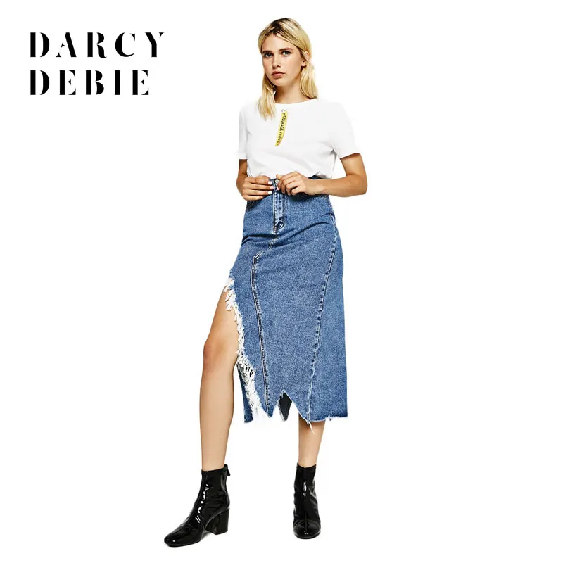 Darcydebie асимметричный с разрезом джинсовая юбка Повседневное до середины икры