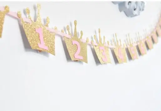 Первый баннеры для дня рождения 12 месяцев Корона Звезда фото Bunting Baby Shower бумага Гарланд для мальчиков и девочек 1st декор для вечеринки в честь Дня Рождения фото стены