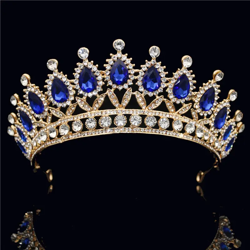 Gold Blue Новая Винтажная тиара в стиле барокко, корона для королевы невесты, розовые хрустальные короны, свадебные модные украшения для волос, свадебные аксессуары - Окраска металла: Gold Blue
