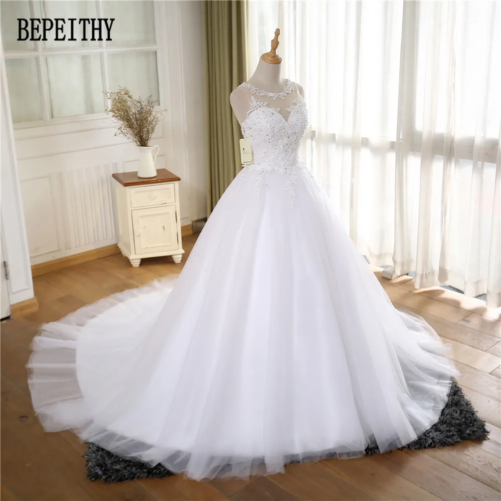 BEPEITHY настоящая фотография Vestido De Noiva Дизайн Глубокий овальный благородный Кружевной Тюль Аппликации бальное платье Свадебные платья