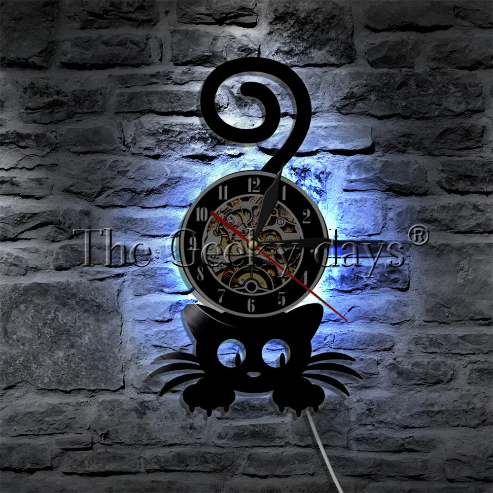 Черная кошка виниловых пластинок настенные часы Wall Art котят Животные ПЭТ декор