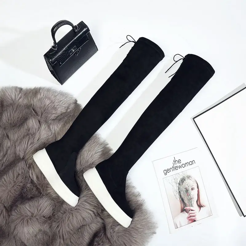 black kid suede Krazing pot/ г. Детские замшевые сапоги из флока на танкетке и высоком каблуке, водонепроницаемые высокие сапоги в консервативном стиле на тонкую ногу, эластичные ботфорты L11 - Цвет: black kid suede