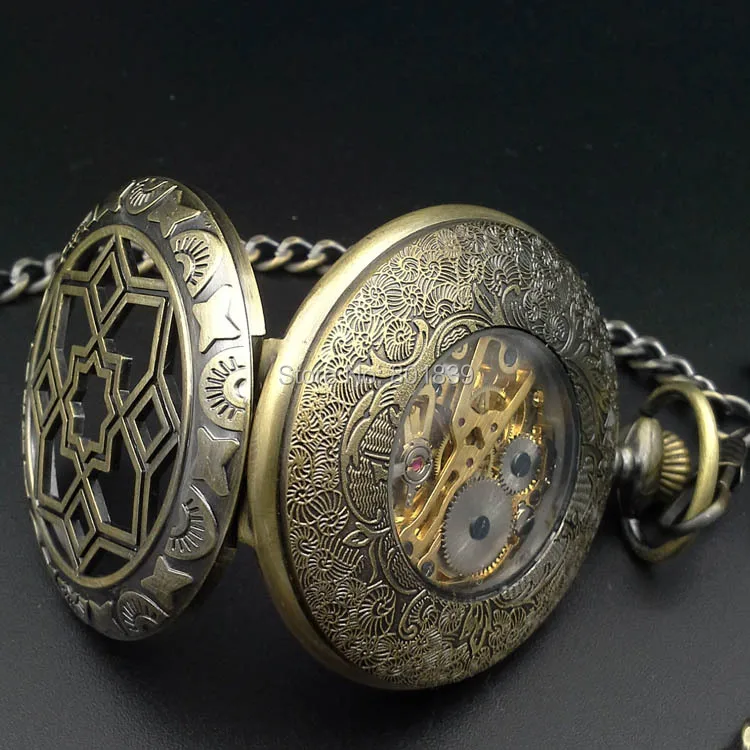 Bronze Tone Steampunk Skeleton Mechanical Hand Wind Pocket Watch w/Chain Half Hunter Luxury Timepiece | Наручные часы