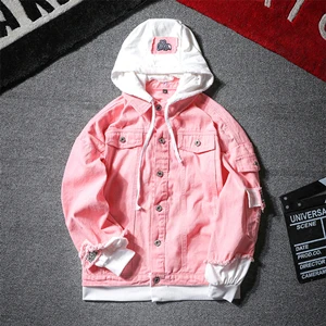BJK89 Pink Мужские wo мужские новые весенние поддельные две части сшитые розовые рваные с капюшоном джинсовые куртки хип хоп Swag свободные с дырками повседневные пальто - Цвет: BJK89 Pink