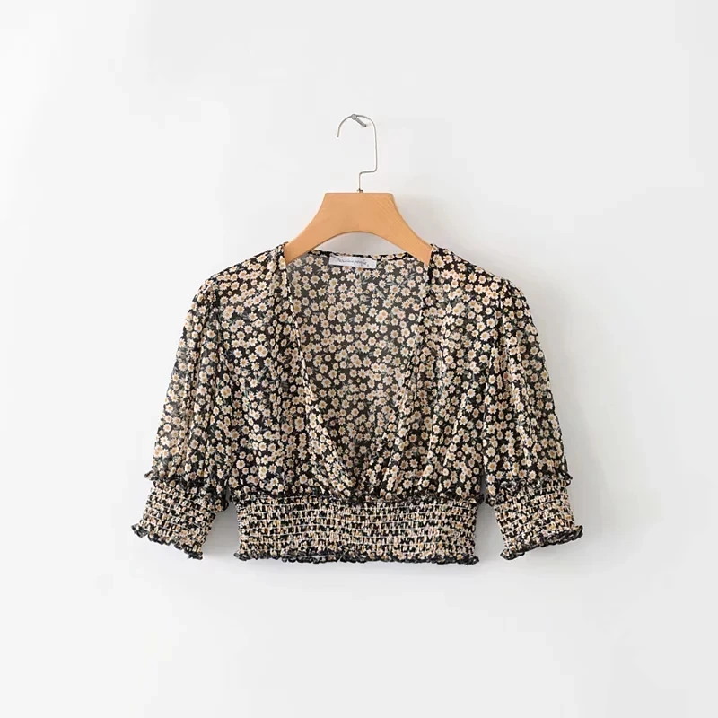 Женский Глубокий v-образный вырез цветочный принт Shirred Crop Top
