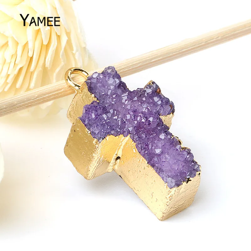 Женская подвеска-крест из натурального камня с фиолетовым кристаллом | Украшения