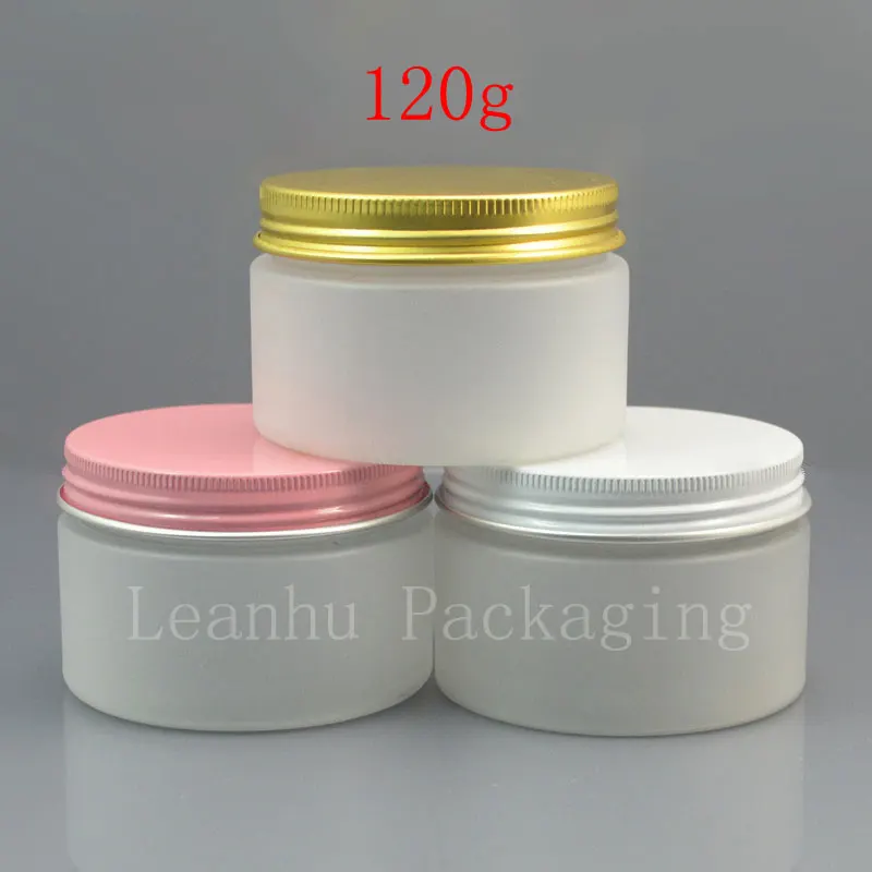 50 x 120g frosting white cream PET jar with gold / pink / white aluminum screw cap , 120ml cosmetic plastic round empty bottle