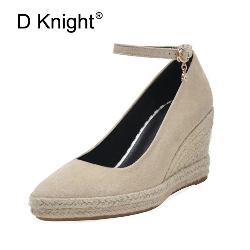 

Women High Heels Shoes Elegant Kid Suede Platform Wedges Female Pumps Plus Size 33-41 Ankle Strap Sexy Lady Party Wedding Shoes