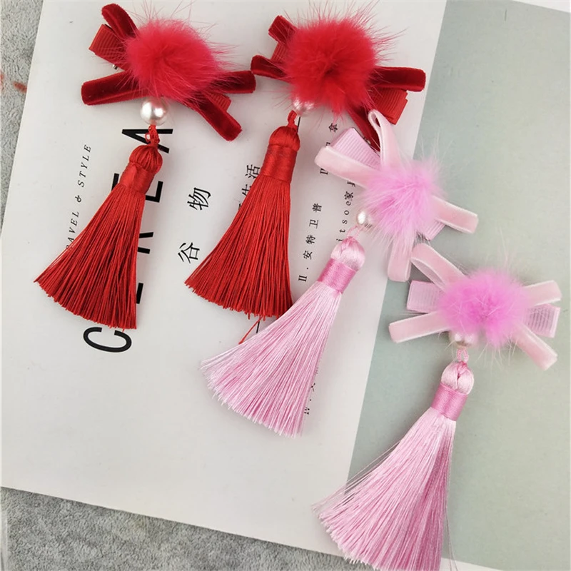

2 pcs/set Chinese wind festive red Princess hair clips girls Mini Tassel Flower Hairpins headdress Hair accessories kid barrette