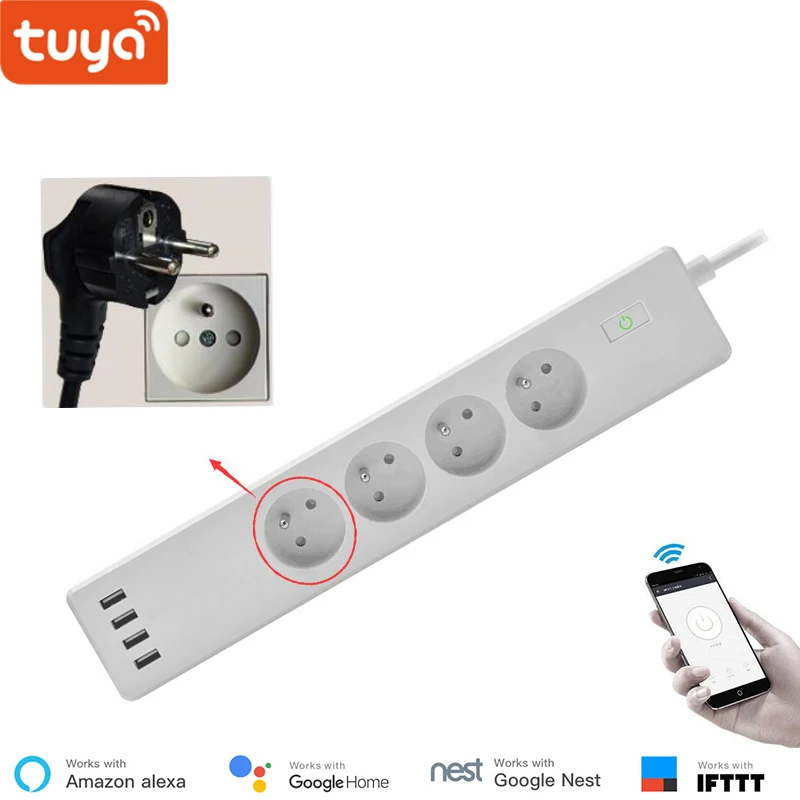 EU Type-E Tuya smart wifi power strip стандарт ЕС с 4 разъемами и 4 usb-портами, совместимыми с Amazon Alexa и Google Nest - Комплект: EU Type-E