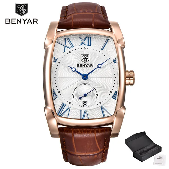 gold white BENYAR часы мужские роскошные брендовые кварцевые мужские s наручные часы военный кожаный ремешок повседневные квадратные наручные часы водонепроницаемые Relogio Masculino - Цвет: gold white