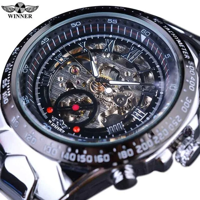 black black Top Brand Luxury Automatic Wristwatch Winner Classic Series Golden Movement Inside Silver Stainless Steel Mens Skeleton Watch - Цвет: black black