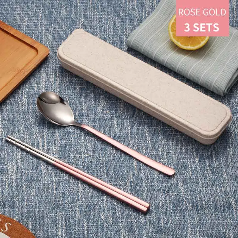Rose Gold 3 Set LANSKYWARE китайский 304 столовая посуда из нержавеющей стали набор портативная противоскользящая посуда с цветной краской для школы и пикника набор для ужина - Цвет: Rose Gold 3 Set