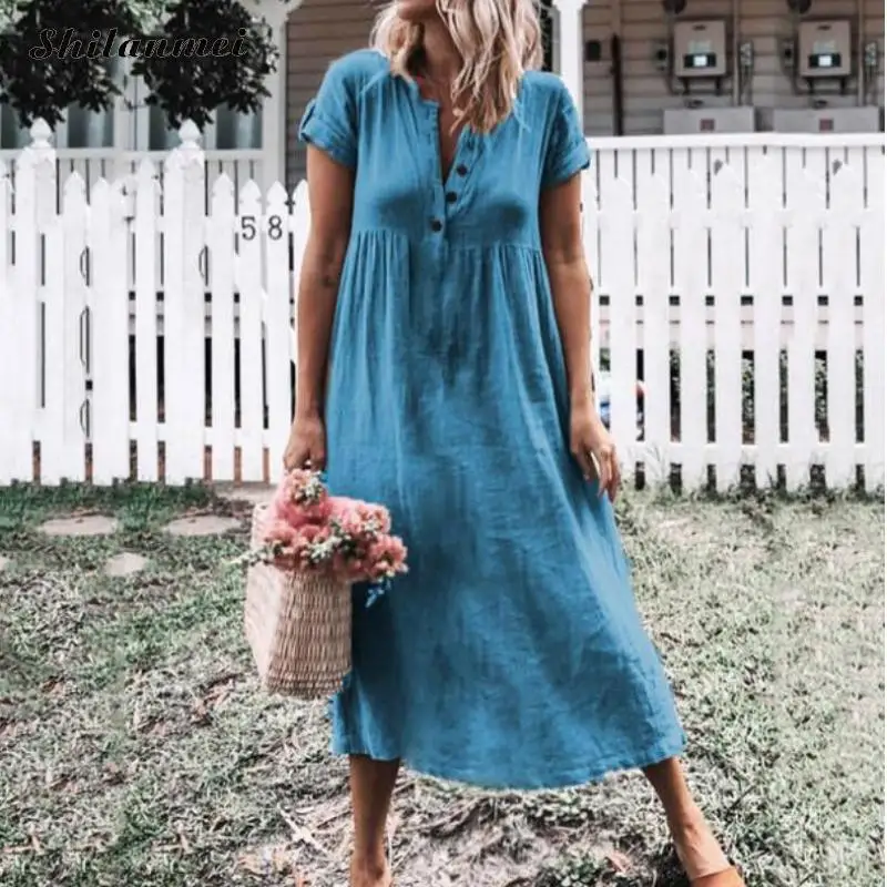 Женское длинное платье-рубашка на пуговицах с V-образным вырезом и коротким