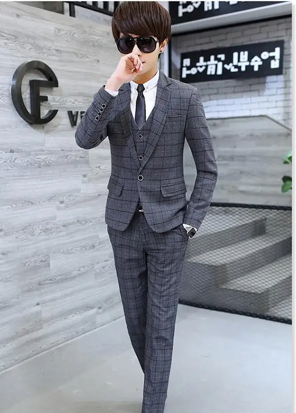 Custom Made Slim Fit Plaid Groom Tuxedos Light Grey Side Slit Best Man Suit Wedding Groomsman/Men Suits men wedding suits 2017 images - 6