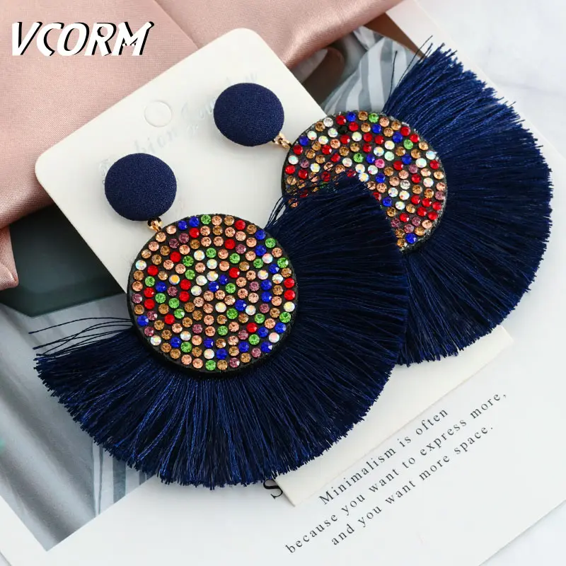 Blue VCORM новые модные богемные серьги с кисточками, большие висячие серьги для женщин, роскошные винтажные длинные висячие серьги с кристаллами, Женские Ювелирные изделия - Окраска металла: Blue