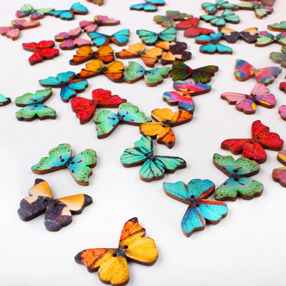 50 шт./лот Разноцветные деревянные пуговицы с 2 отверстиями смешанные бабочки для