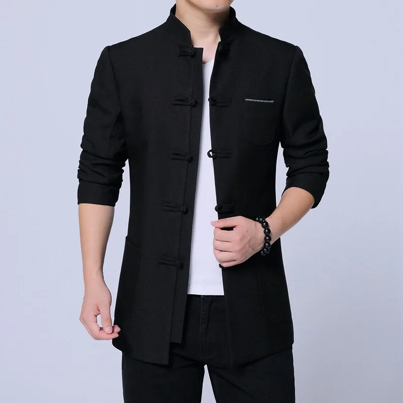 Xiu Luo 4XL весна Мандарин блейзер с воротником для мужчин Slim Fit китайский стиль мужская одежда вышивка Дракон Винтаж повседневное пальто Новинка - Цвет: black