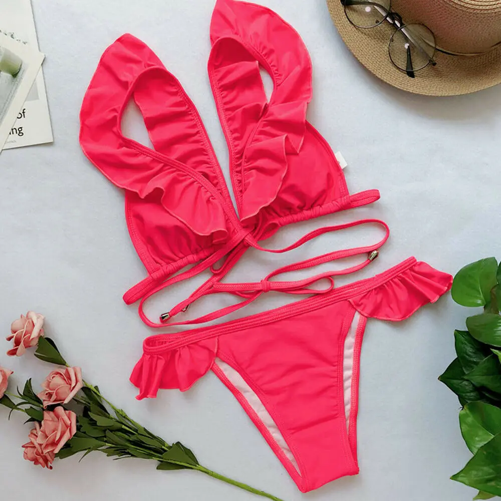 Bikini 2019 Sexy Bandage Swimsuit Solid Ruffle Thong Bikinis Women Backless Bathing Suit Girls Beachwear Female Biquini |