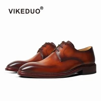 vikeduo luxury brand derby dress shoes patina brown handmade leather mens shoes wedding office business formal shoes zapatos